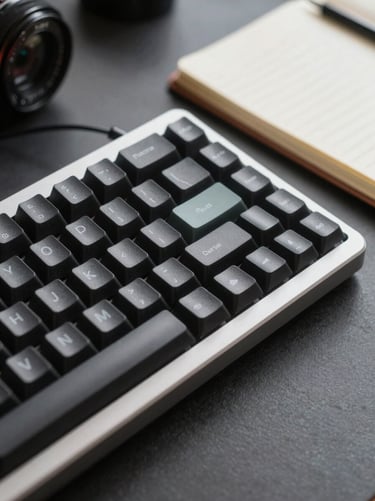 Macro shot of a high-end mechanical keyboard and analog notebook on a dark graphite desk, side lighting, sharp focus on textures.
