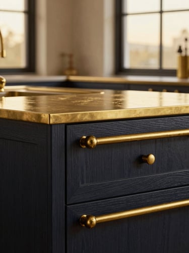 Close-up of premium materials, polished brass and dark oak joinery in a luxury penthouse kitchen, soft side light