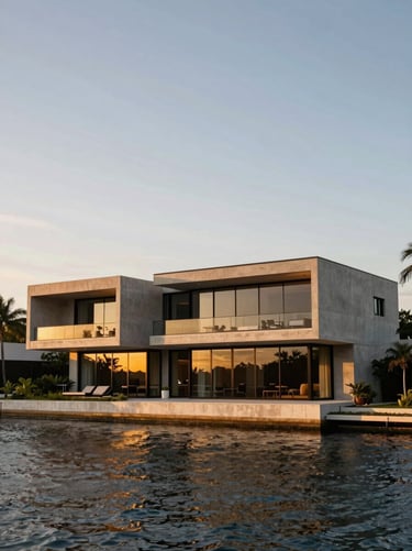 Wide-angle architectural shot of a modern concrete and glass villa on the Miami waterfront, golden hour