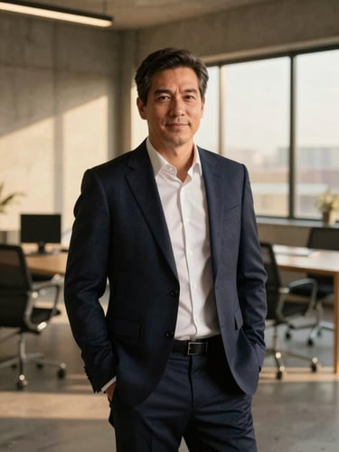 Editorial portrait of a real estate partner in a minimalist concrete office, warm golden-hour light, shallow depth of field