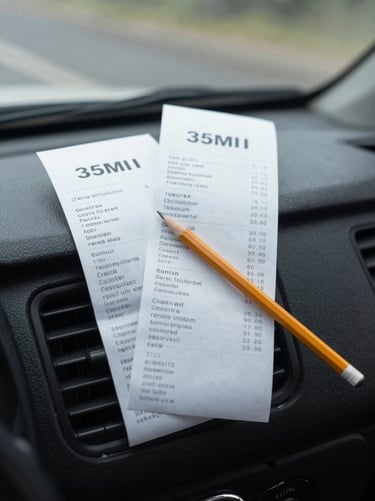 Physical paper receipts and a pencil resting on a dark truck dashboard, soft natural daylight through the windshield, realistic textures, 35mm