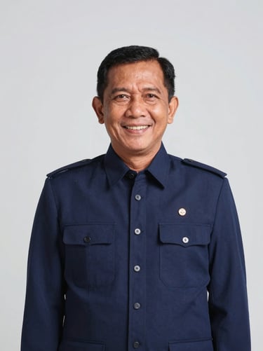 Studio portrait of Indonesian male chairman, mid-40s, clean grey background, navy formal attire, friendly and professional, 35mm lens