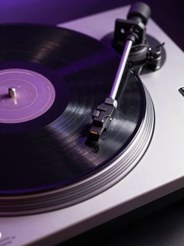 Close-up of a premium turntable and vinyl record spinning, minimalist aesthetic with obsidian black and electric violet light trails, Spanish / Latin American lounge setting.