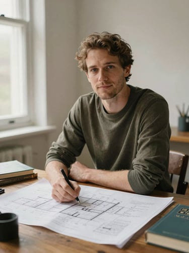 Warm editorial portrait of Marcus Thorne sitting at a wooden table with architectural blueprints and books, soft natural light, 35mm photography.