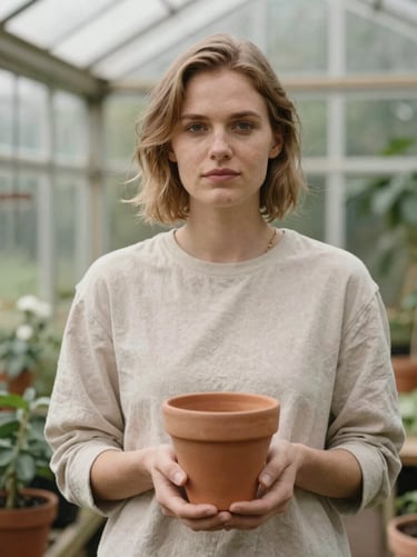 Warm editorial portrait of Clara Lindqvist in a greenhouse, holding a small terracotta pot, soft natural daylight, muted earth tones.
