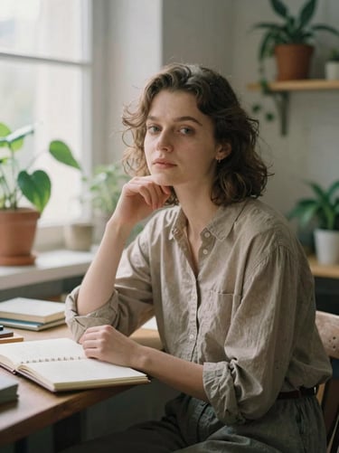 Warm editorial portrait of Elena Rostova in her sunlit studio, surrounded by plants and notebooks, soft window light, shallow depth of field.