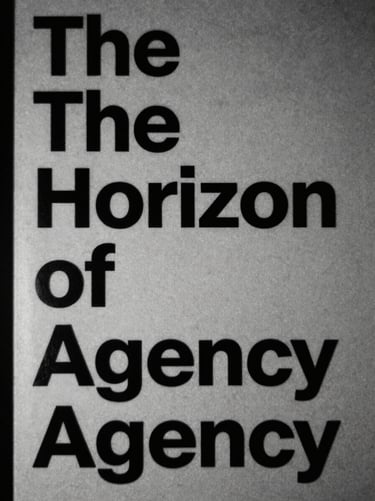 Stark monochrome book cover of 'The Horizon of Agency', minimalist Swiss typography, harsh side lighting, grainy film texture.
