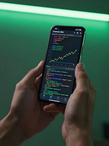 Macro shot of hands holding a modern Android phone under moody green LED studio lighting, displaying a detailed GPU rendering graph and code lines on screen.