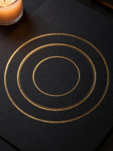Clean thin-line sacred geometry circles drawn in gold ink on textured black paper, soft golden hour glow