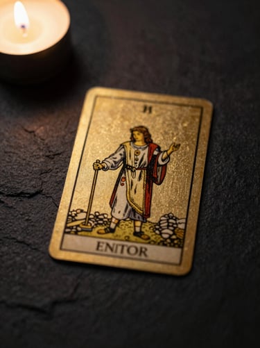 A single gold-embossed tarot card lying on a dark textured stone surface, soft candlelight, warm shadows, macro