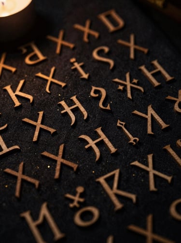 Hand-carved wooden runes on a dark linen cloth, subtle golden dust, dramatic low-key lighting