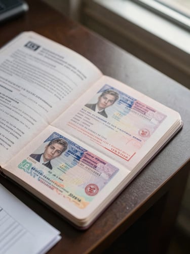 Close-up overhead of an open passport with visa stamps resting on a consultation desk, natural daylight from a side window, official documents partially visible at frame edge