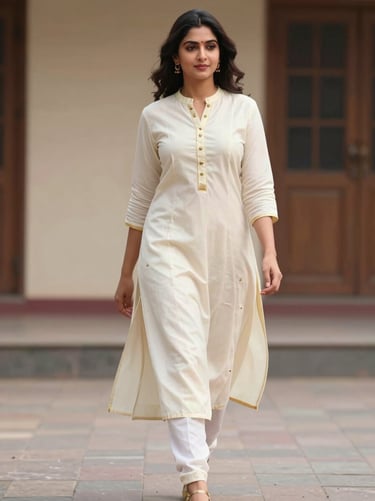 Elegant drape of a cream Kurti with gold accents on a modern Indian woman walking in soft natural daylight