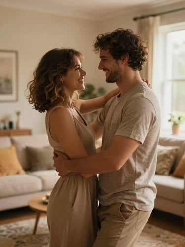 A joyful, candid shot of a couple dancing in a sun-lit living room. The style is cinematic with a shallow depth of field, focusing on their smiling faces. The room is decorated in a premium yet approachable style with warm wood and soft sand textiles.
