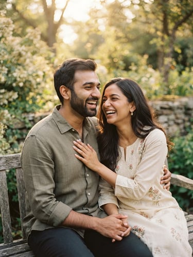 Warm editorial portrait of Dhruv and Japneet laughing together, soft golden-hour light filtering through, rich cream and muted taupe tones, cinematic depth of field, 35mm film look.