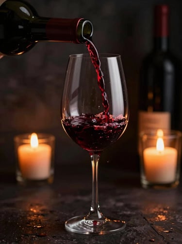 Pouring deep red Mendoza Malbec wine into a large glass, dark rustic background with soft amber candlelight, rich shadows, 35mm lens