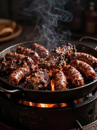 Traditional Argentine iron table-grill filled with sizzling meats, sweetbreads, and chorizo, glowing embers underneath, low-key dramatic lighting