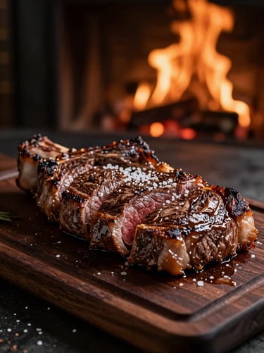 Close-up of a thick, juicy Angus ribeye steak sliced on a dark wooden board, coarse salt visible on top, warm firelight reflections, dark moody atmosphere