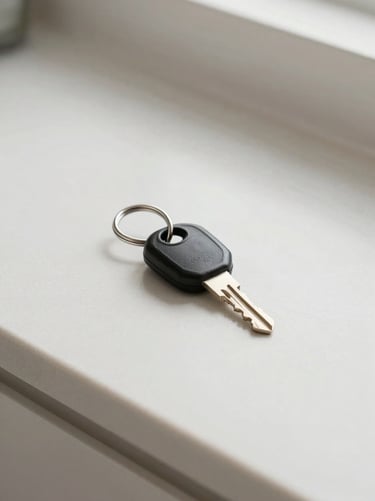 Close-up of a modern secure key set on a clean slate counter, bright neutral daylight, sharp focus