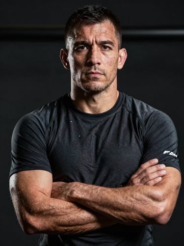 Sartorial portrait of an elite MMA coach, intense focus, arms crossed, dramatic chiaroscuro lighting, technical athletic wear.