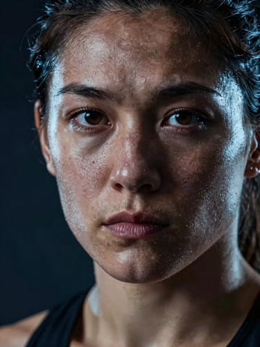 Extreme close-up of a champion female fighter's intense gaze, dramatic cold blue lighting, dark background, cinematic shadow.