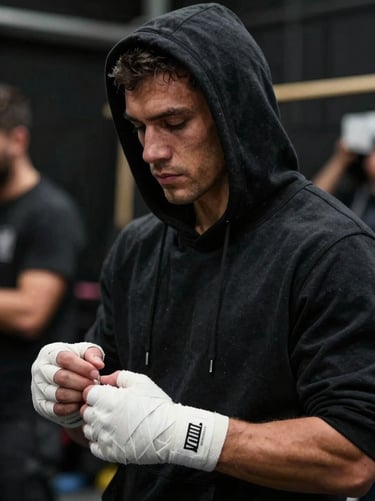 Cinematic portrait of a male fighter backstage, hood up, side lighting, focus on wrapped hands, dark athletic atmosphere.