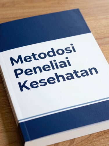 Close-up of a professional academic book cover titled Metodologi Penelitian Kesehatan resting on a wooden desk, clean editorial design, 3:4 aspect