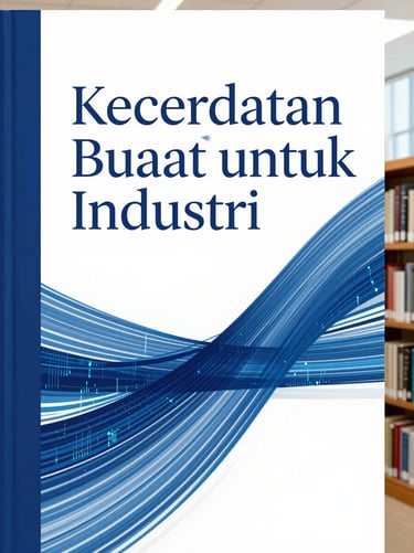 Modern book cover titled Kecerdasan Buatan untuk Industri featuring abstract blue data lines, elegant typography, 3:4 aspect