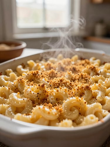 Tight vertical shot of creamy mac and cheese with a golden breadcrumb crust, steam rising from a rustic baking dish, cozy kitchen light, 35mm