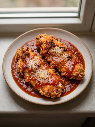 Overhead flat-lay of a finished plate of crispy golden chicken parmesan with bubbling red sauce, warm side-lighting, rustic ceramic plate, 35mm