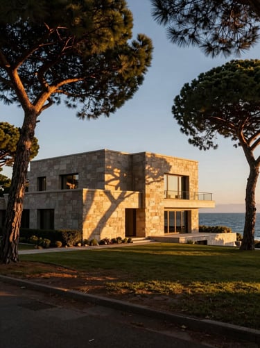 Modernist stone estate surrounded by ancient pine trees overlooking the sea, golden afternoon sun, high-contrast shadows