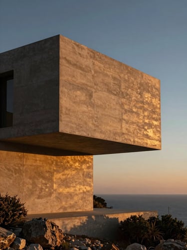 Minimalist concrete villa cantilevered over a Mediterranean cliff, sharp geometric shadows, dramatic sunset light, architectural photography