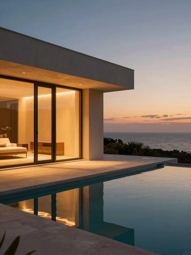 Extreme minimalist pool terrace overlooking the Mediterranean at dusk, warm interior lights glowing, clean architectural lines