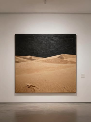 A wide, minimalist view of a South American / Argentine art exhibition space. A single large artwork hangs prominently, dominated by deep charcoal black and warm desert sand tones, under a soft off-white ceiling.
