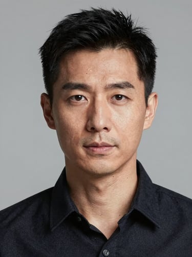 Shoulder-up headshot of a man in his 30s, neutral grey backdrop, consistent studio strobe lighting, direct gaze, open-collar dark shirt, no props