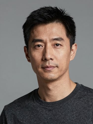 Shoulder-up headshot of a man in his 40s, neutral mid-grey backdrop, consistent studio strobe lighting, direct gaze, dark grey shirt, no props