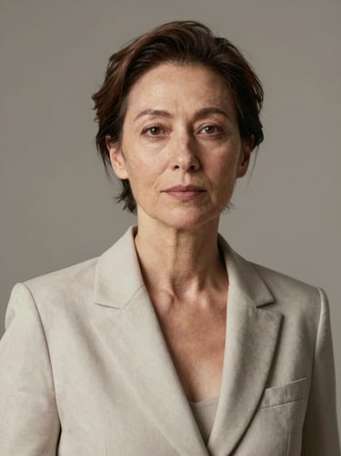 Shoulder-up headshot of a woman in her 60s, neutral warm-grey backdrop, consistent studio strobe lighting, direct gaze, structured light-coloured blazer, no props