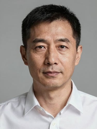 Shoulder-up headshot of a man in his 50s, neutral light grey backdrop, consistent studio strobe lighting, direct gaze, white collared shirt, no props