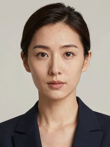 Shoulder-up headshot of a woman in her 30s, neutral off-white backdrop, consistent studio strobe lighting, direct gaze, navy jacket, no props
