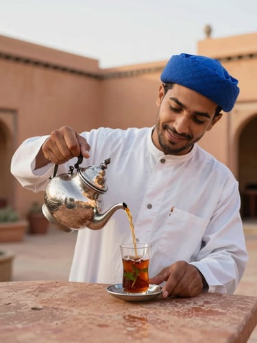 Candid portrait of a professional Moroccan driver pouring hot mint tea from a silver teapot into a glass, warm terracotta riad courtyard background, soft natural light