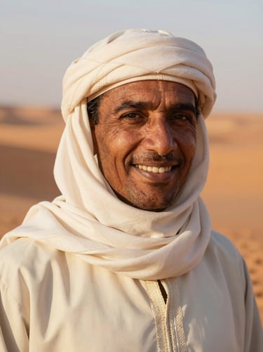 Close-up portrait of an indigenous Amazigh guide with a warm smile, wearing a traditional cream-colored djellaba, soft morning light, shallow depth of field