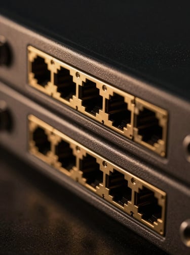 Extreme macro detail shot of premium physical networking hardware, gold-plated connectors, deep shadows, warm metallic reflections, 35mm
