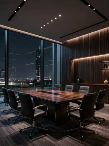A high-end corporate boardroom in Manama with floor-to-ceiling glass, low-key dramatic architectural lighting, deep obsidian tones, 35mm