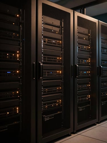 A monolithic server rack in a dark data center, sharp architectural perspective, subtle amber indicator lights, low-key dramatic lighting, 35mm