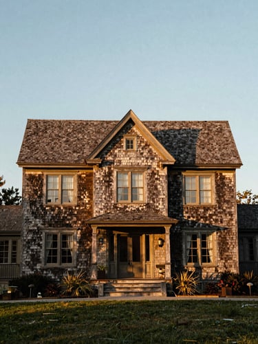 Straight-on architectural elevation of a historic shingle-style coastal estate, weathered cedar siding, low-angle golden hour light, medium format film.