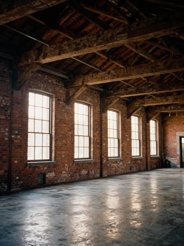 Interior of a restored 19th-century brick textile mill, exposed hand-hewn timber beams, soft natural window light reflecting on polished concrete floors, medium format film.