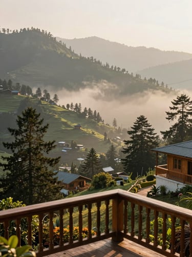 A cozy mountain resort balcony overlooking the lush green valleys of Shimla, soft morning mist rising through pine trees, warm golden daylight, 35mm lens