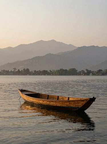 An elegant wooden shikara boat floating on the calm, reflective waters of Dal Lake in Srinagar, dramatic mountain silhouettes in the background, soft sunset glow, 35mm lens