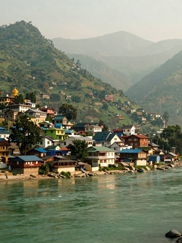 The serene holy town of Rishikesh nestled along the emerald Ganges river, majestic green foothills of the Himalayas in the background, soft misty daylight, 35mm lens