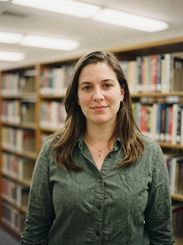 Candid environmental portrait of a female program director in a local library, warm soft lighting, 35mm film